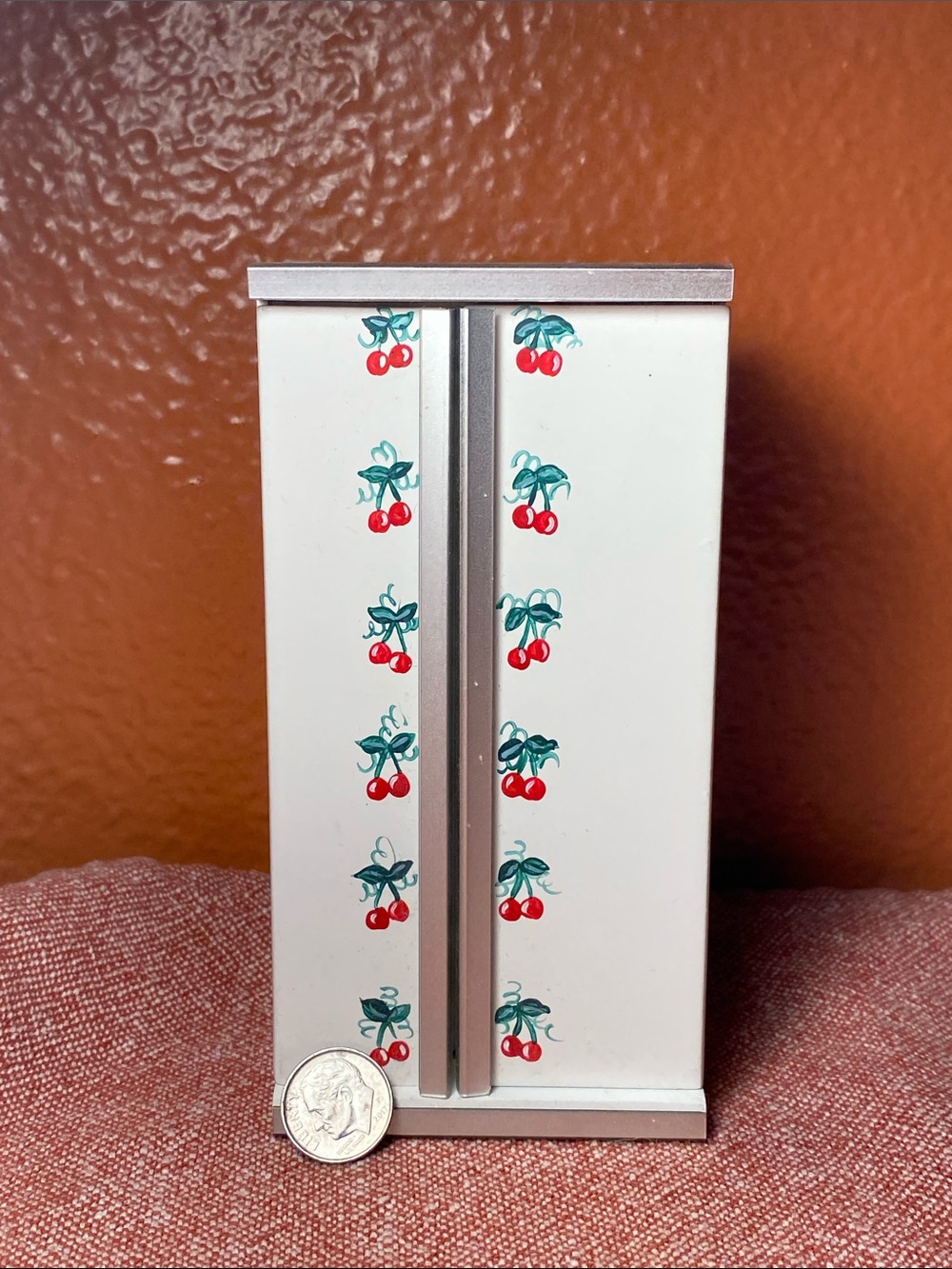 Vintage miniature dollhouse White Cherry-Print refrigerator